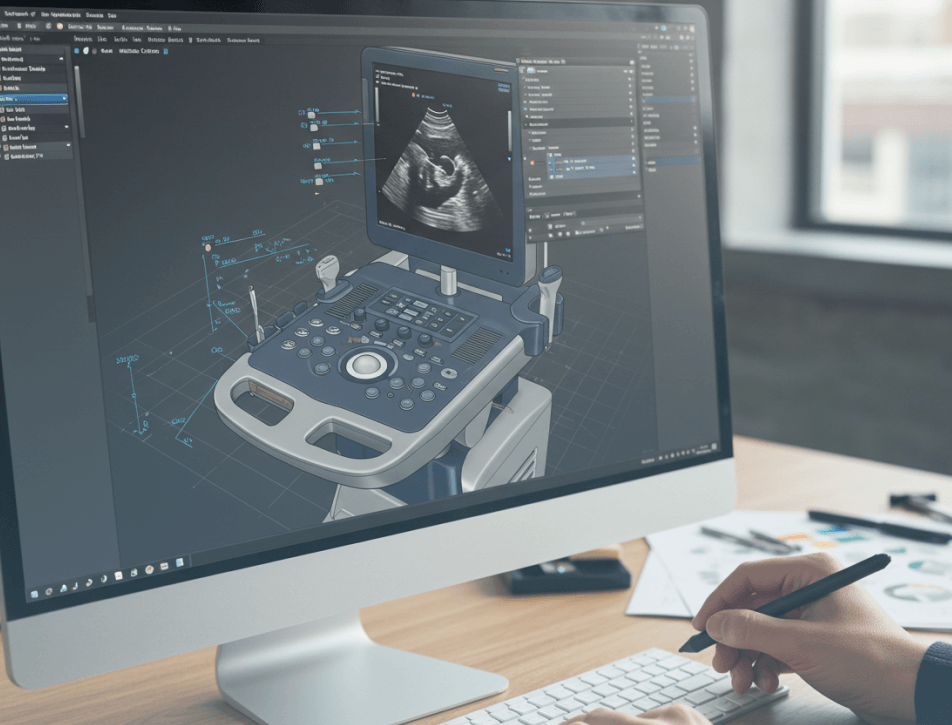 Computer monitor shows a 3D ultrasound machine design with an imaging scan, while a hand uses a stylus nearby in a professional workspace.