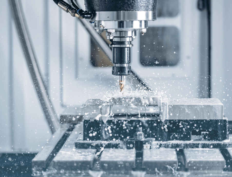 CNC milling machine cutting metal in a factory, with coolant spraying around the drill bit and workpiece, conveying precision and industrial power.