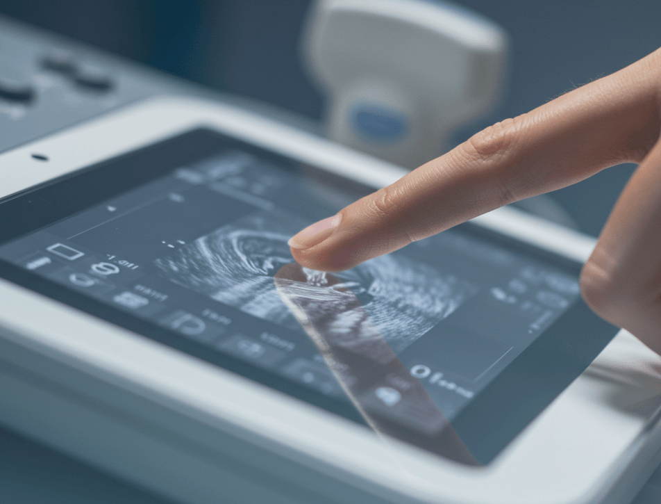 Finger touches a digital ultrasound scan showing a developing fetus on a medical monitor, creating a close, clinical yet expectant prenatal-care scene.