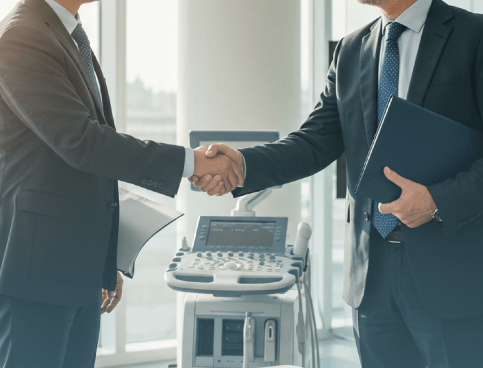 Two businessmen shake hands in a bright medical office beside an ultrasound machine, signaling a professional healthcare partnership.