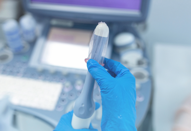A gloved hand holds an ultrasound probe covered with a protective sheath in a medical setting. The background shows ultrasound equipment, indicating a clinical environment.