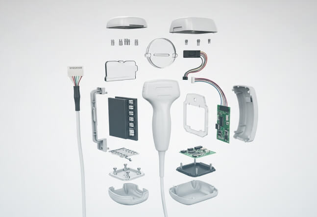 Exploded view of a barcode scanner showing its internal components, including circuit boards, wiring, and casing, arranged in a symmetrical layout.
