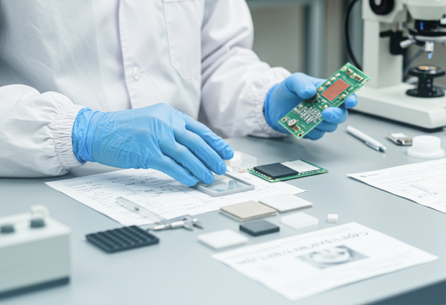 A person wearing blue gloves and a lab coat examines electronic components at a desk with printed documents and a microscope nearby, conveying a scientific and precise atmosphere.