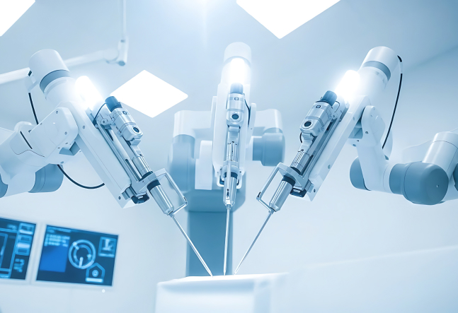 Robotic surgical arms in a sterile operating room, illuminated by bright lights. Monitors display medical data. The scene conveys precision and advanced technology.