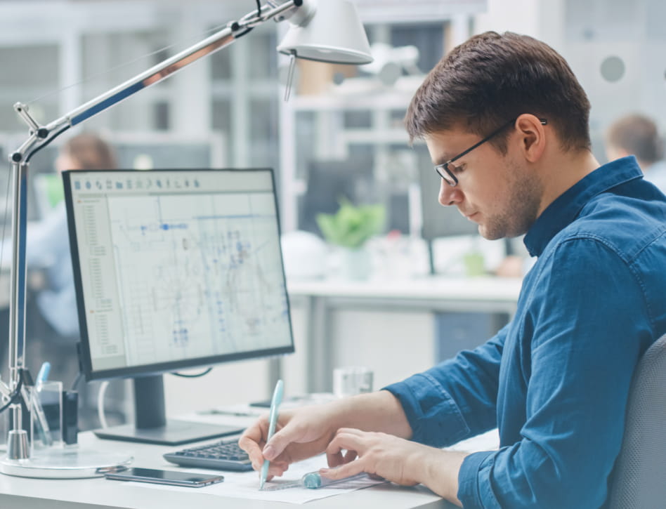 A man in a blue shirt draws on paper at his desk, with a technical schematic on his computer monitor and office supplies nearby.