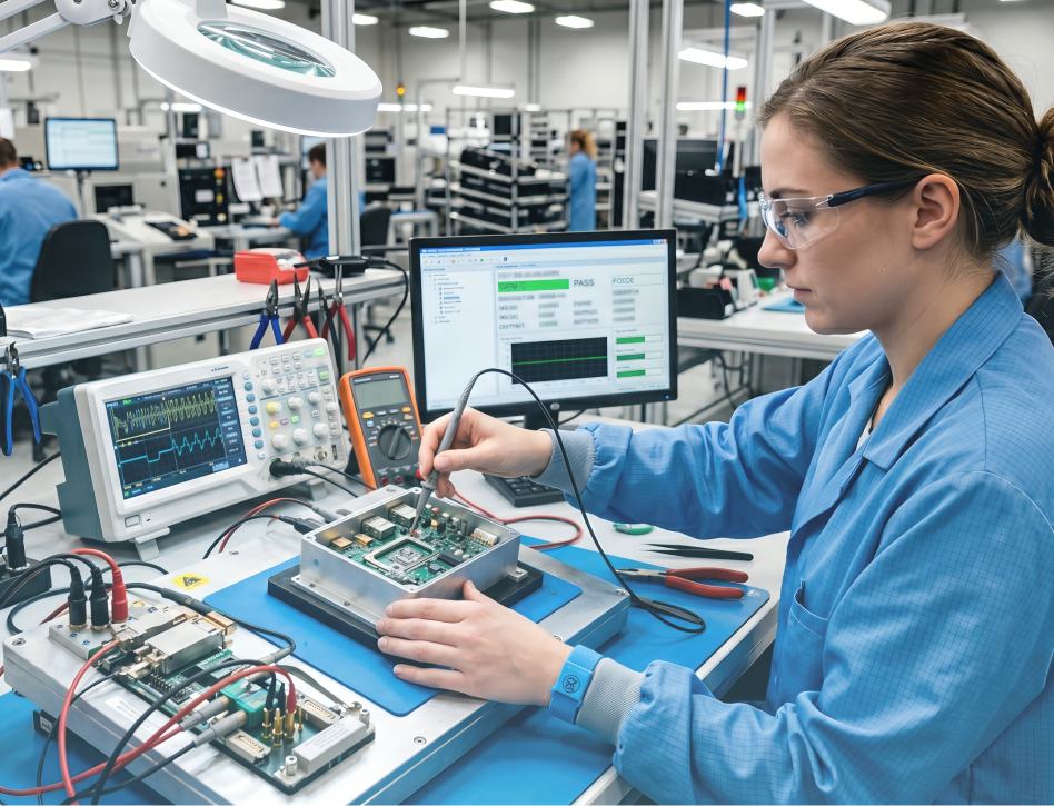 Engineer in safety glasses tests a circuit board with an oscilloscope and multimeter in a bright electronics lab, focused and precise.