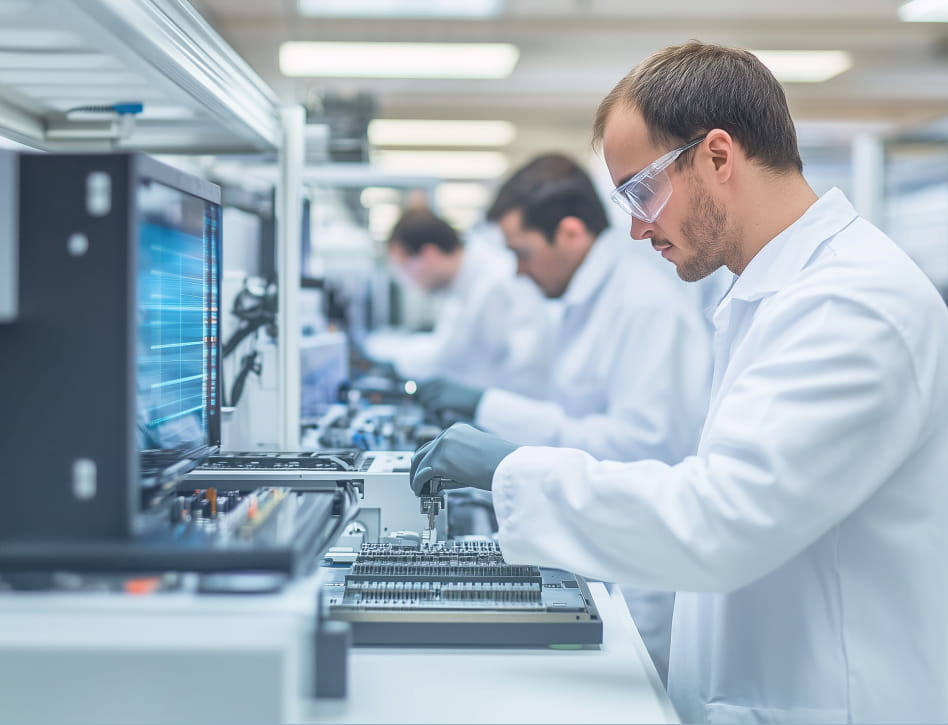 A man in a white lab coat works at a workstation assembling electronic components in a bright, organized laboratory.