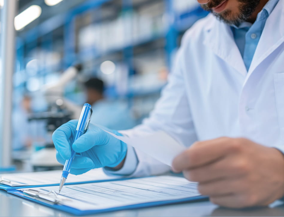 Close-up of a scientist in a lab coat and blue gloves writing notes on a clipboard in a laboratory setting.