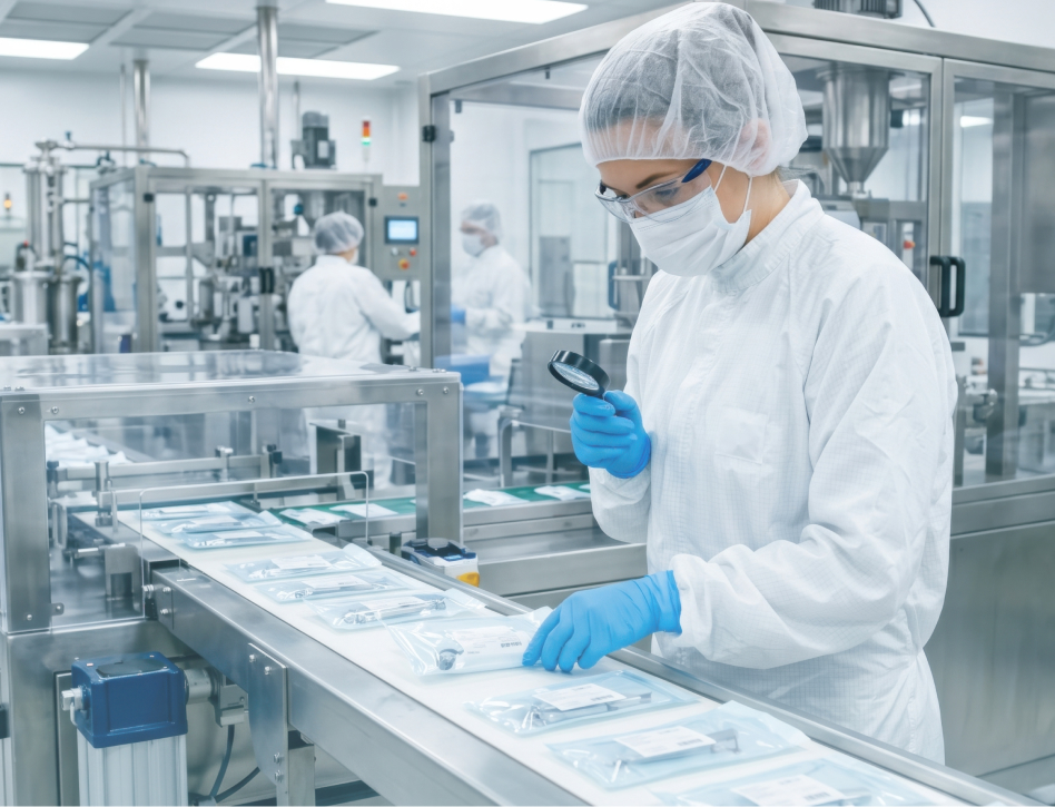 Masked worker in a sterile factory inspects packaged medical supplies on a conveyor, conveying precision, cleanliness, and quality control.