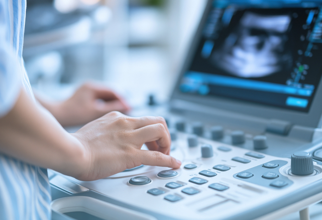 Close-up of a clinician operating an ultrasound machine, with hands pressing controls and a blurred sonogram on screen in a clinical setting.