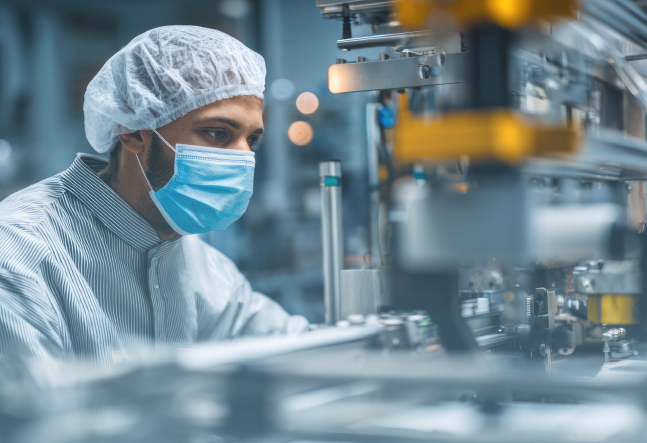 Masked cleanroom worker in a hairnet and protective suit monitors automated machinery on a sterile factory production line; focused atmosphere.