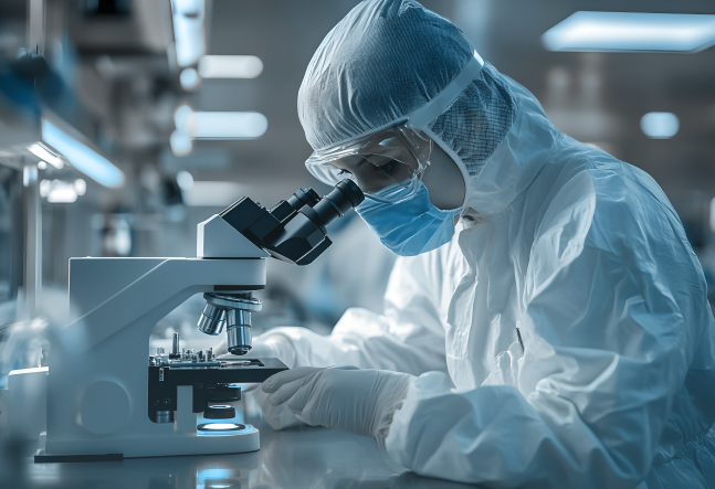 Scientist in protective clothing and mask examines a sample through a microscope in a bright laboratory, conveying precision and concentration.