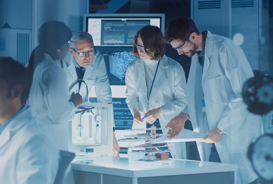 A diverse medical research team in white coats examines samples and data around a lab table in a high-tech laboratory, focused and collaborative.