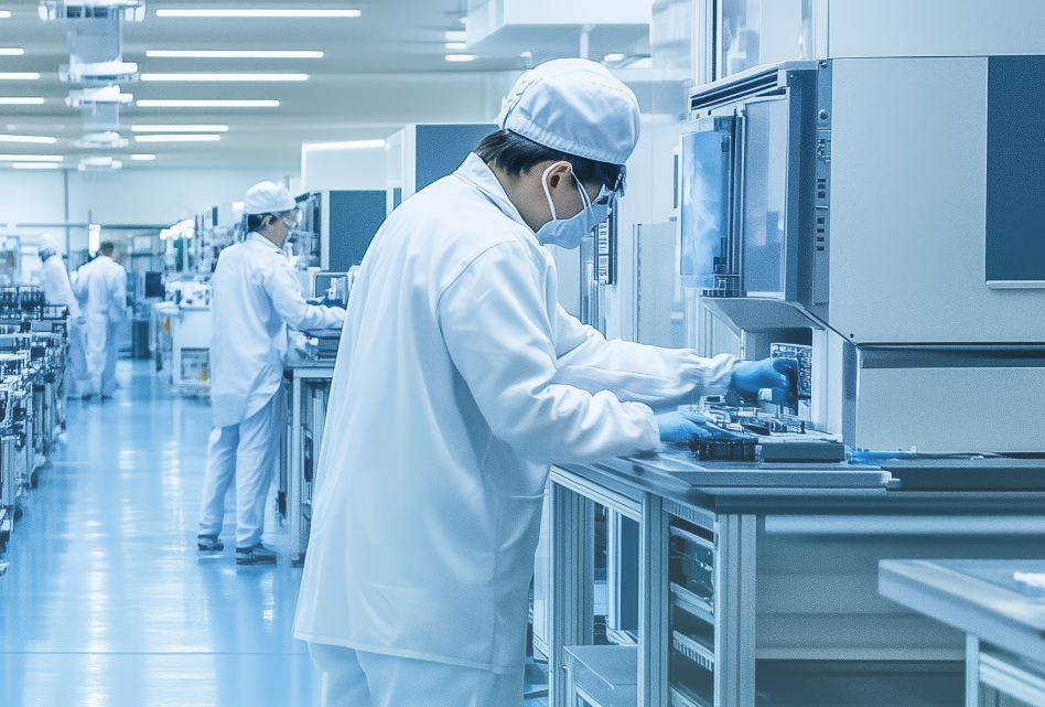 Workers in white cleanroom suits, caps, and masks assemble electronics at lab stations in a bright sterile facility, conveying precision and focus.