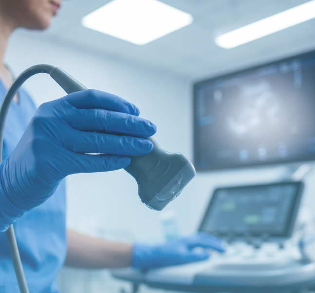 Gloved medical professional holds an ultrasound probe in a bright clinic, with ultrasound monitors blurred in the background; clinical, high-tech tone.